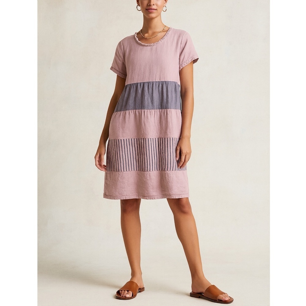 Made‎ in Italy 100% Linen Pink Striped Tiered Dress Size 44 Short Sleeve Boho